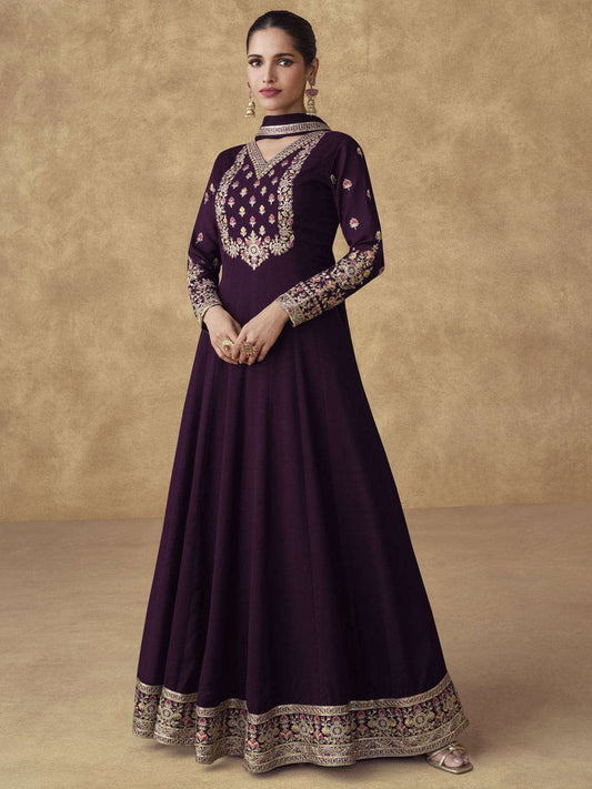 Purple Chinnon Silk Festive Anarkali Suit