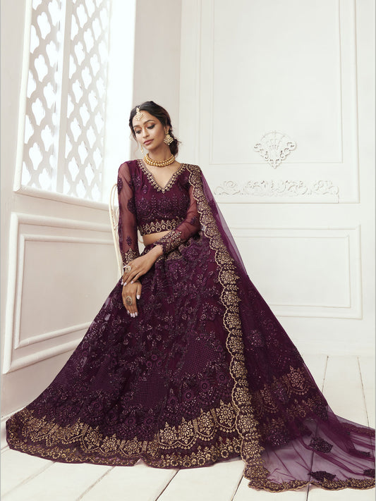 Heritage Dark Wine Heavy Embroidered Net Wedding Lehenga Choli
