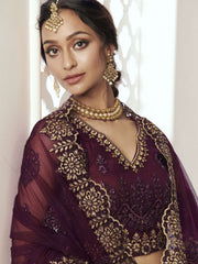 Heritage Dark Wine Heavy Embroidered Net Wedding Lehenga Choli