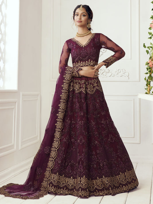 Heritage Dark Wine Heavy Embroidered Net Wedding Lehenga Choli