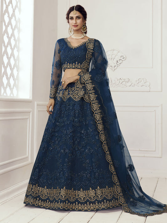 Heritage Persian Blue Heavy Embroidered Net Lehenga Choli