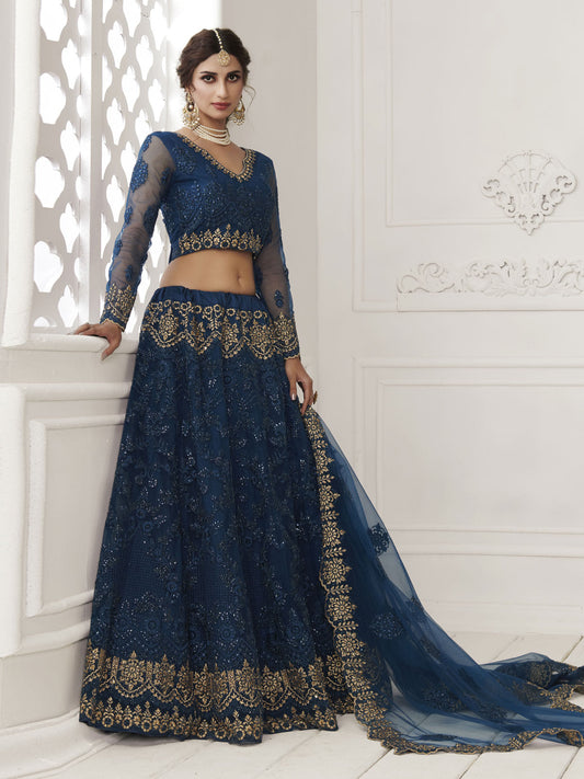 Heritage Persian Blue Heavy Embroidered Net Lehenga Choli