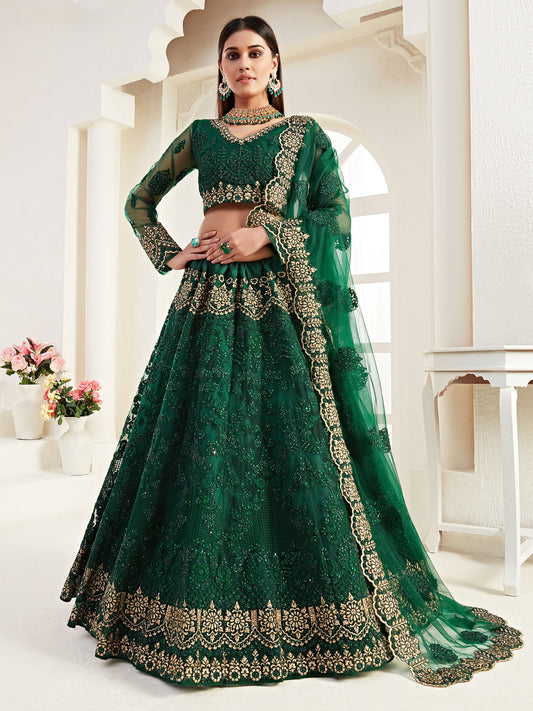 Heritage Beautiful Emrald Green Heavy Embroidered Net Bridal Lehenga Choli