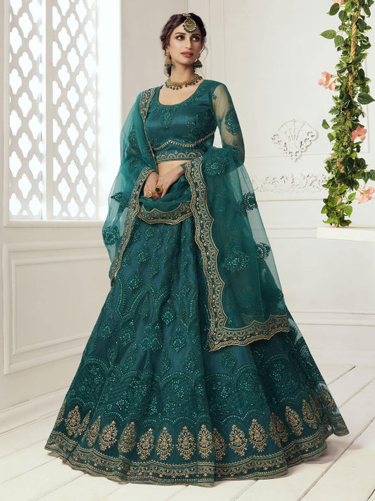 Heritage Teal Green Heavy Embroidered Net Bridal Lehenga Choli