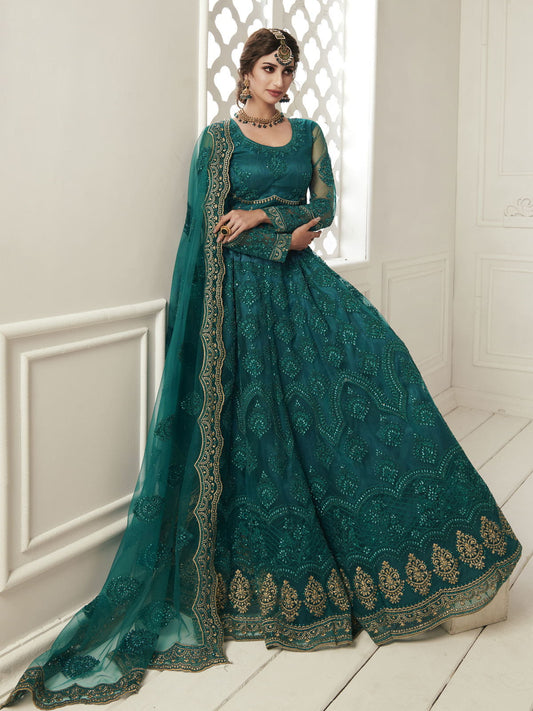 Heritage Teal Green Heavy Embroidered Net Bridal Lehenga Choli