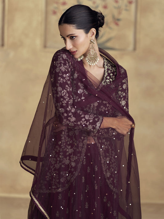 Wine Embroidered Chinnon Wedding Party Lehenga Dress