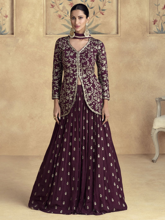 Wine Embroidered Chinnon Wedding Party Lehenga Dress