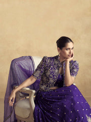 Purple Embroidered Chinnon Wedding Party Lehenga Dress