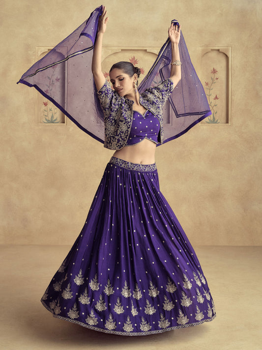 Purple Embroidered Chinnon Wedding Party Lehenga Dress