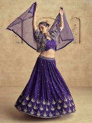 Purple Embroidered Chinnon Wedding Party Lehenga Dress