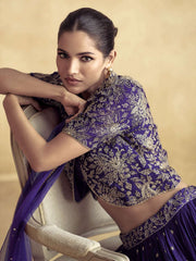 Purple Embroidered Chinnon Wedding Party Lehenga Dress