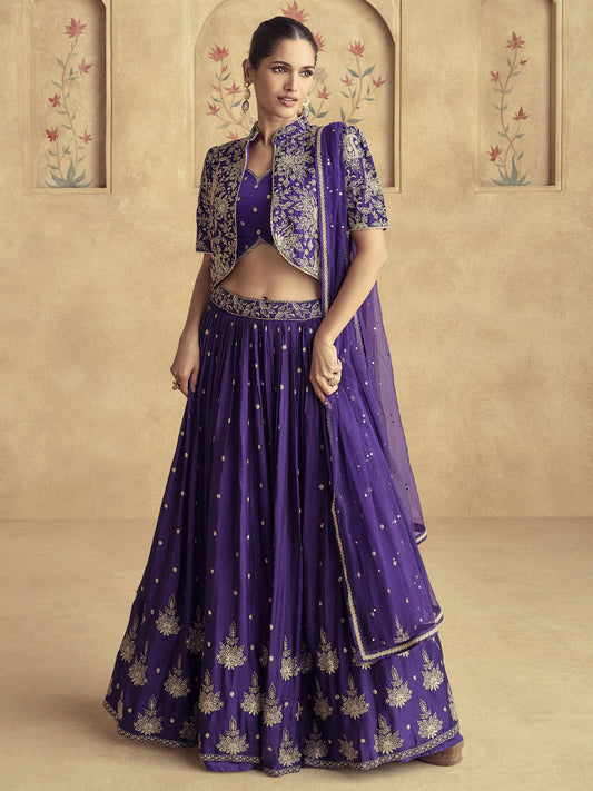 Purple Embroidered Chinnon Wedding Party Lehenga Dress