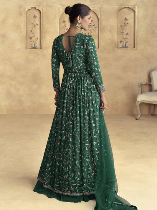 Green Embroidered Chinnon Wedding Party Lehenga Suit