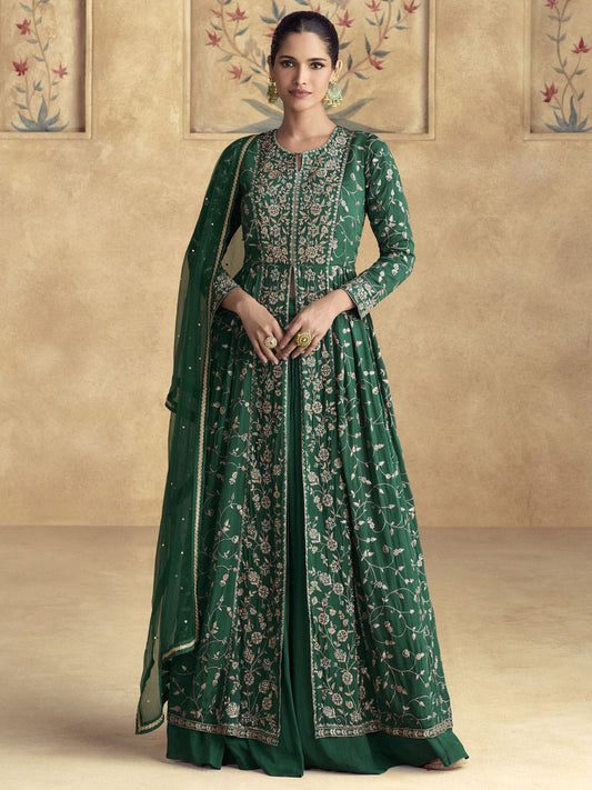 Green Embroidered Chinnon Wedding Party Lehenga Suit