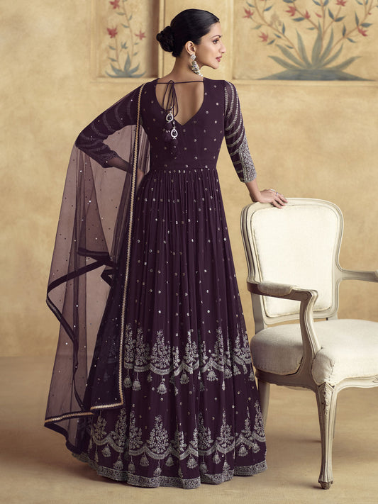 Purple Embroidered Georgette Wedding Party Anarkali Suit