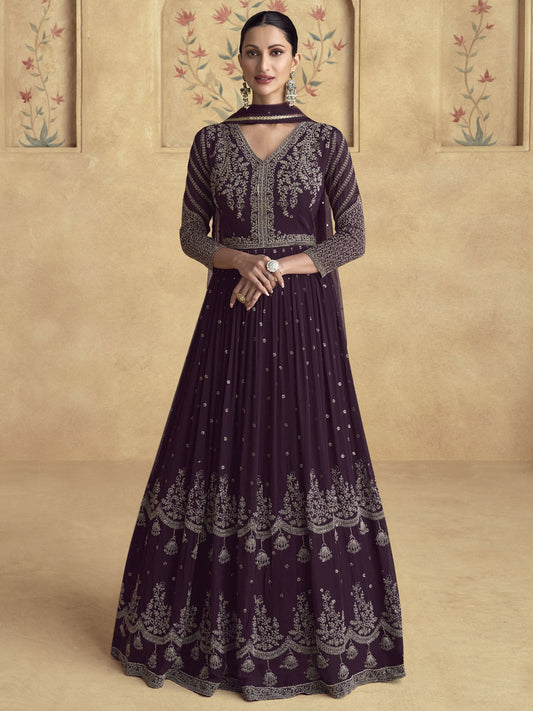Purple Embroidered Georgette Wedding Party Anarkali Suit