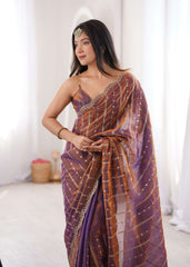 Purple Fendi Satin Sequence Embroidery Saree