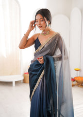 Navy Blue Shaded Satin Lace Work Saree