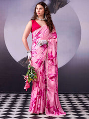 Pink Digital Print Satin Silk Saree