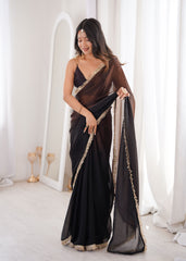 Black Fendi Satin Lace Work Saree