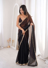 Black Fendi Satin Lace Work Saree
