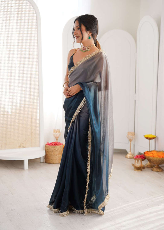 Navy Blue Shaded Satin Lace Work Saree