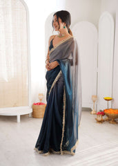 Navy Blue Shaded Satin Lace Work Saree