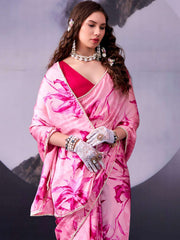 Pink Digital Print Satin Silk Saree