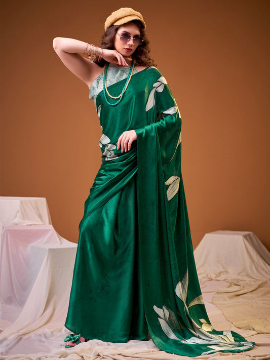 Green Digital Print Satin Silk Saree