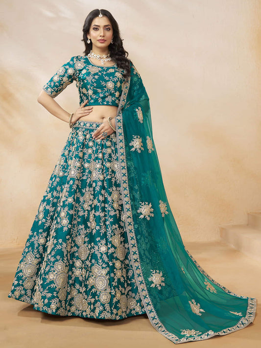 Stunning Teal Green Silk Function Wear Lehenga Choli With Dupatta