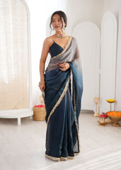 Navy Blue Shaded Satin Lace Work Saree