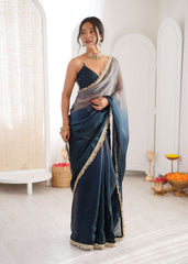 Navy Blue Shaded Satin Lace Work Saree