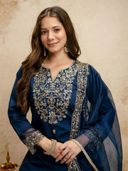 Navy Blue Designer Chanderi Cottan Partywear Kurta Set