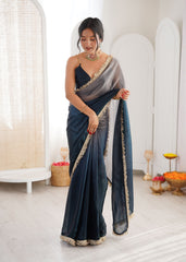 Navy Blue Shaded Satin Lace Work Saree