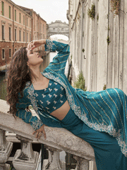 Teal Blue Embroidered Silk Salwar Kameez