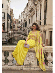 Lemon yellow lehenga with choli and shrug