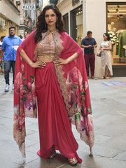 Embroidered Work Crepe Silk Readymade Salwar Suit In Pink