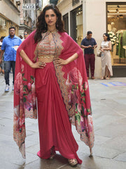 Embroidered Work Crepe Silk Readymade Salwar Suit In Pink