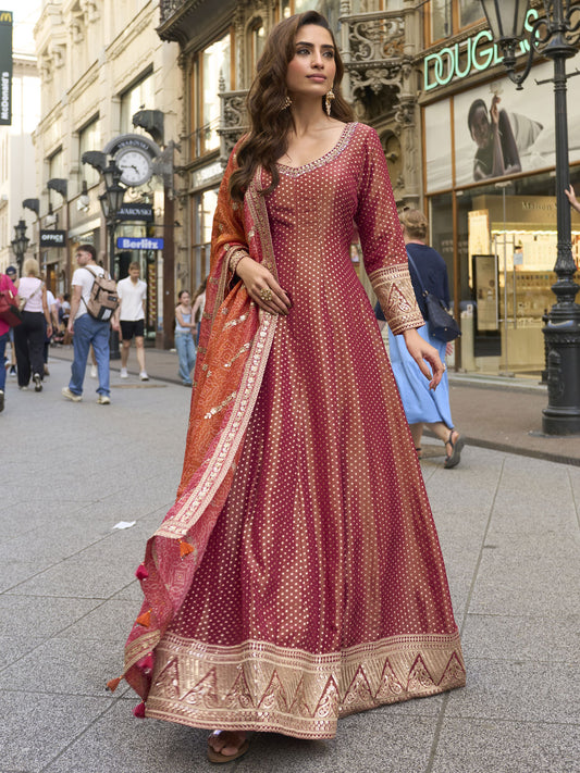 Red And Orange Traditional Embroidery Anarkali Suit