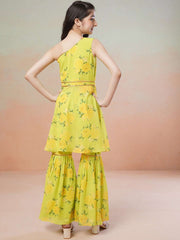 Girls yellow Floral Printed Gotta Patti Kurta with Sharara