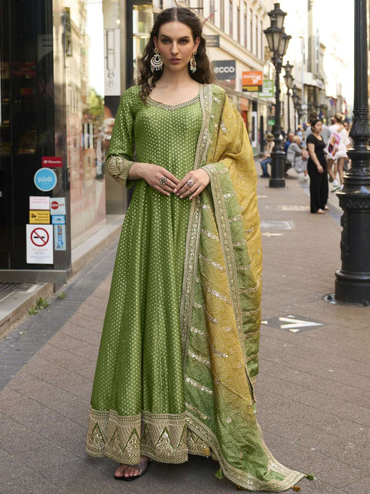 Green And Yellow Traditional Embroidery Anarkali Suit