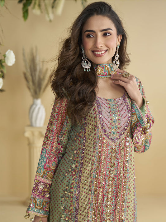 Dainty Multi Colour Crepe Silk Palazzo Salwar Suit with Embroidered Work