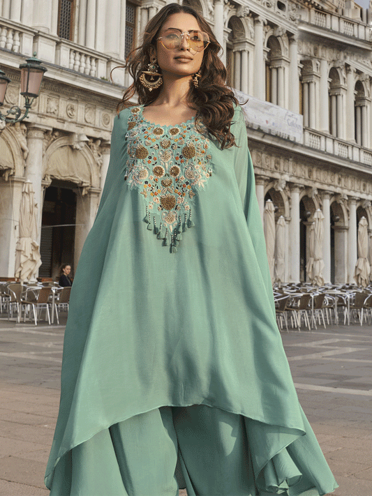 Sea Green Crepe Silk Zari Beads Sequins Zardosi Thread Embroidered Indowestern Suit Festive Wear