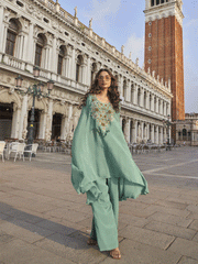 Sea Green Crepe Silk Zari Beads Sequins Zardosi Thread Embroidered Indowestern Suit Festive Wear