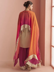 Embroidered Gota and Mirror Work Silk Palazzo Salwar Suit In Cream and Pink Colour