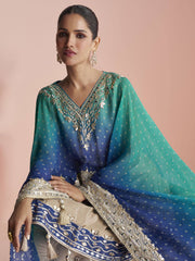 Embroidered Gota and Mirror Work Silk Salwar Suit In Blue and Cream Colour