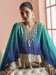 Embroidered Gota and Mirror Work Silk Salwar Suit In Blue and Cream Colour