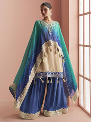 Embroidered Gota and Mirror Work Silk Salwar Suit In Blue and Cream Colour