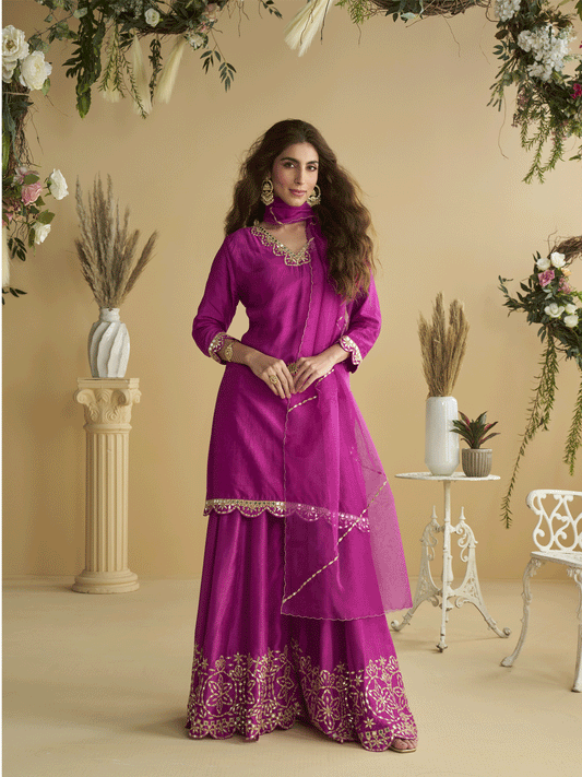 Rani Pink Silk Embroidered Gota Work Palazzo Suit Festive Wear