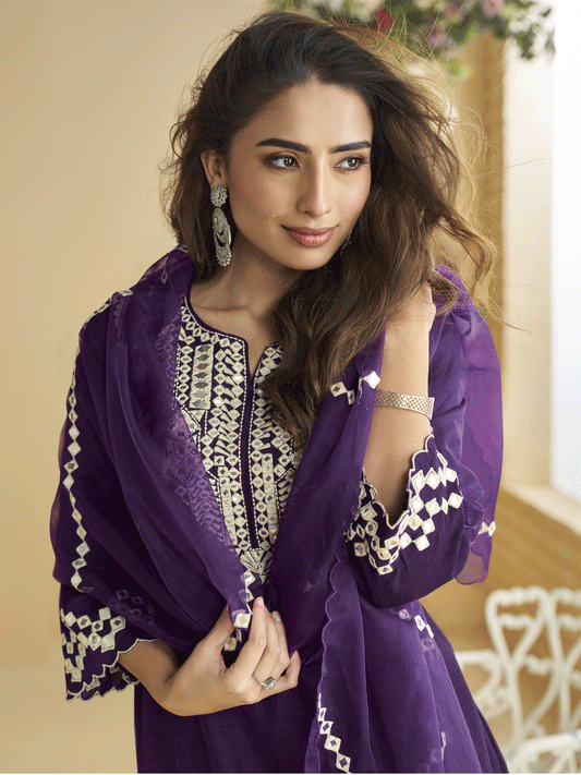 Deep Purple Silk Embroidered Gota Work Palazzo Suit Festive Wear